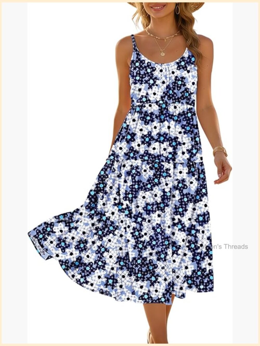 Adjustable Spaghetti Strap Midi Sundress Boho Floral Casual Flowy Beach Dresses